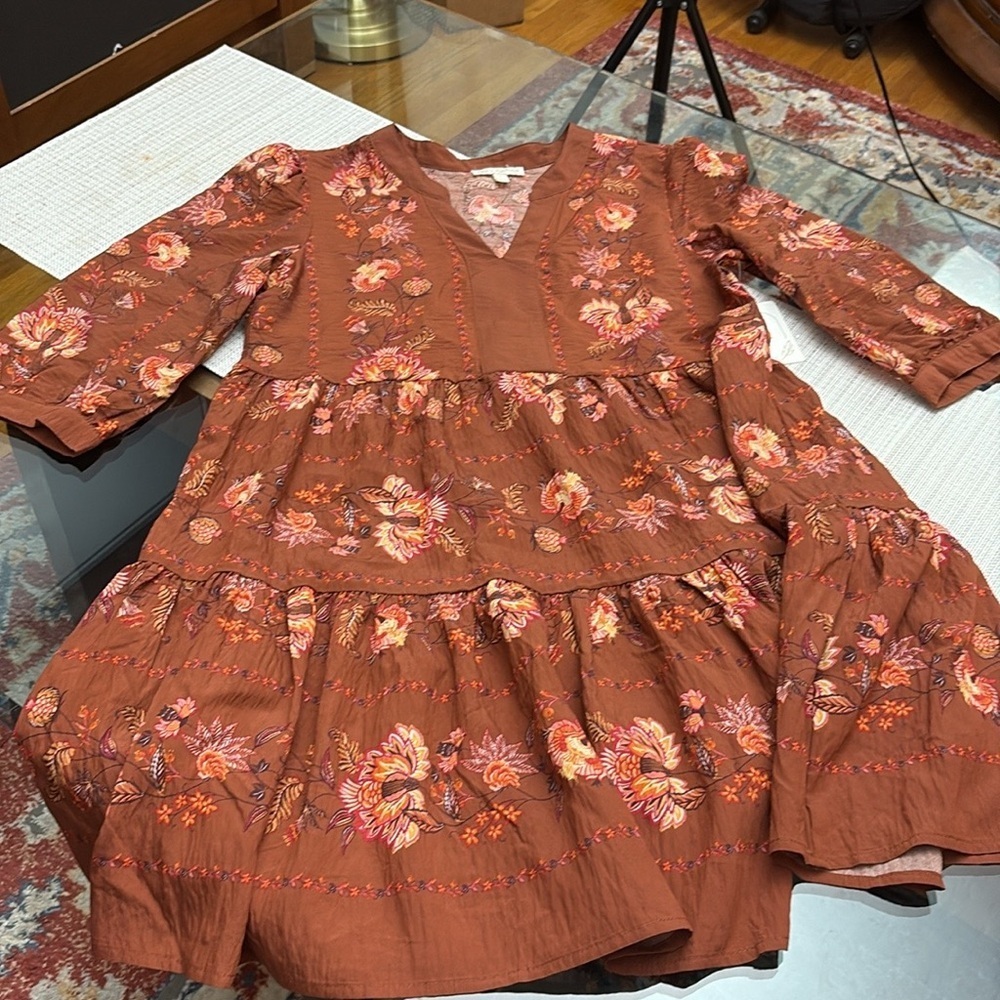 Fig and Flower by ANTHROPOLOGY Terracotta Floral Long Sleeve Dress - Picture 3 of 10